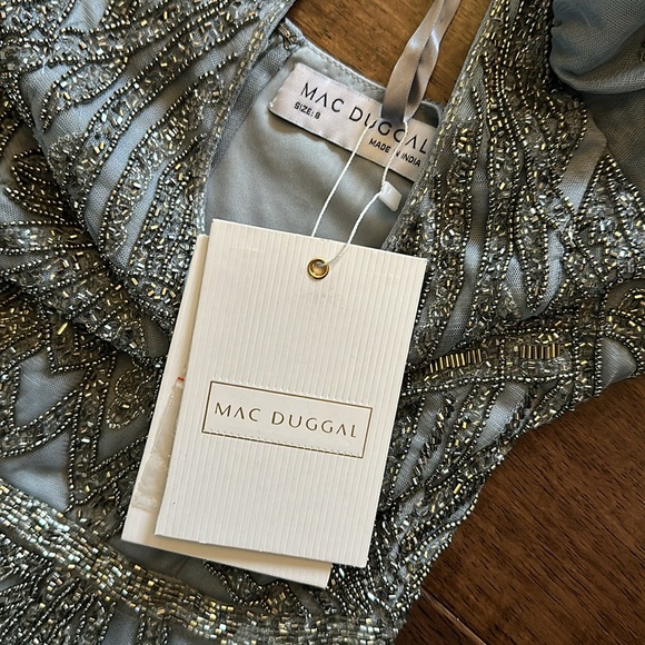 Mac Duggal 5434 Short Sleeve Silver Slate Blue Beaded Tea Length Dress Sz 8 NWT - Picture 8 of 14